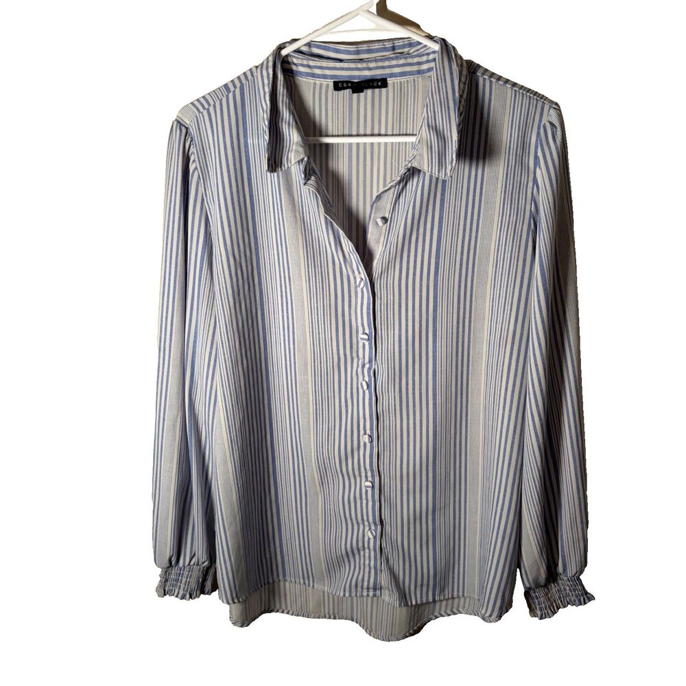 Como Black Shirt Women's XL Button Up Blue Striped Collared Long Sleeve Top